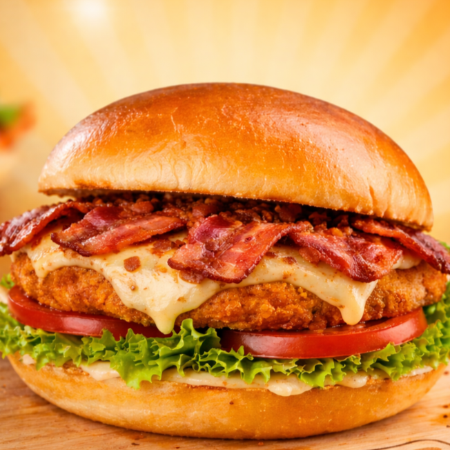 Hambúrguer artesanal de frango, queijo mussarela, bacon crocante, alface, tomate e maionese temperada da casa. Um burger completo e cheio de sabor.
