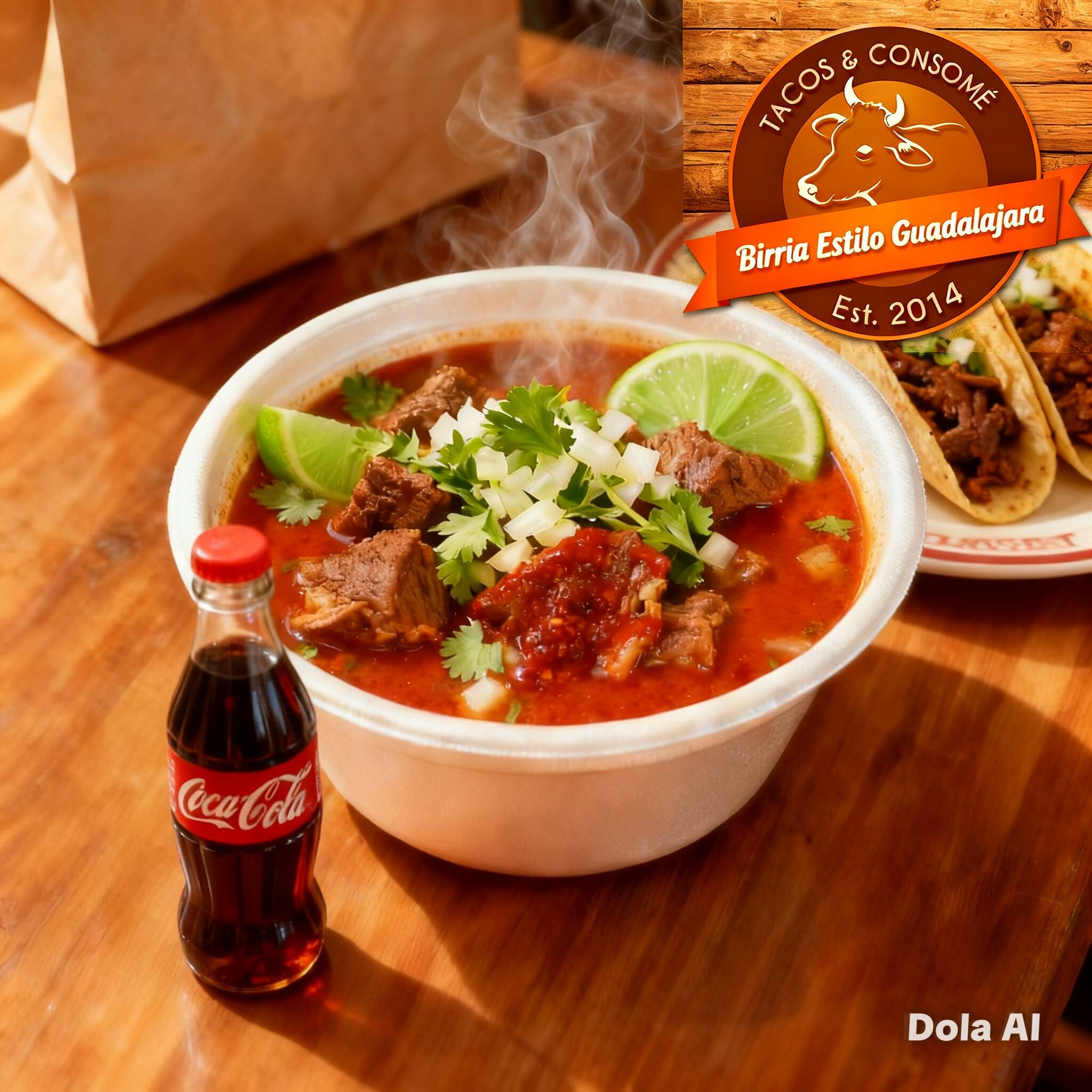 Paquete 9 / Birria C/Carne + 3 Tacos + Coca Cola