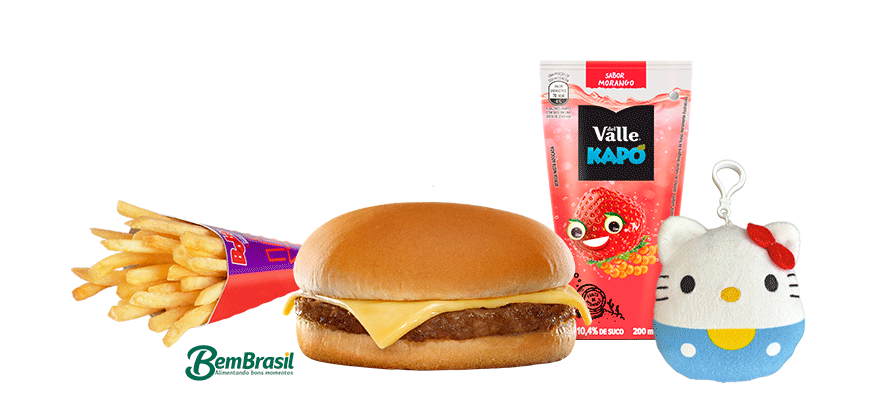 Combo Burger é composto de 1 Cheeseburger + 1 Batata Palito P + 1 Del Valle Kapo + 1 Pelúcia Hello Kitty