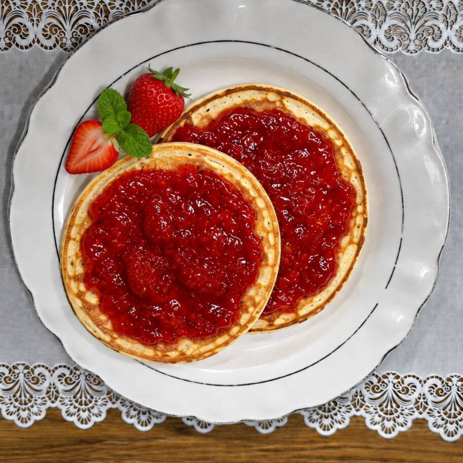 2 Hot Cakes Cubiertos con Mermelada de Fresa