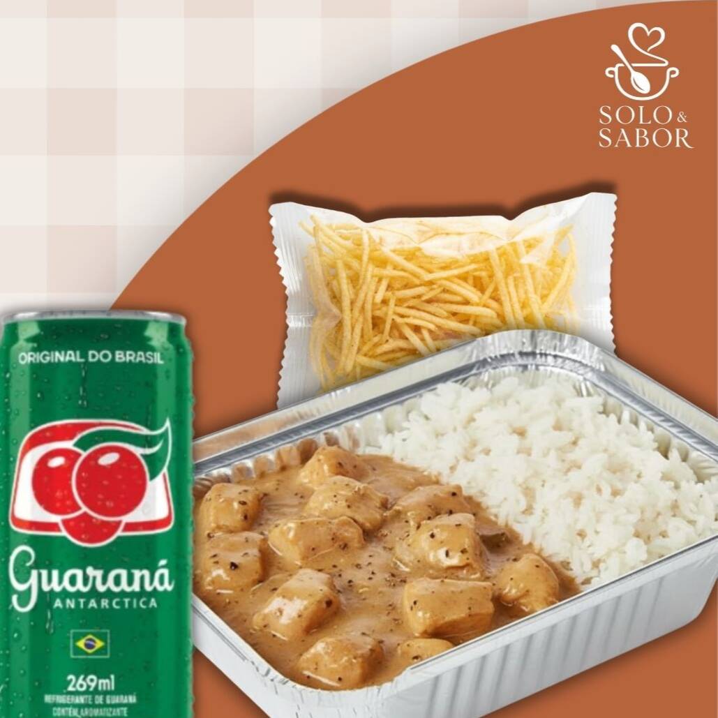 Nosso tradicional strogonoff de frango (300g) acompanhado de refrigerante lata geladinho.
