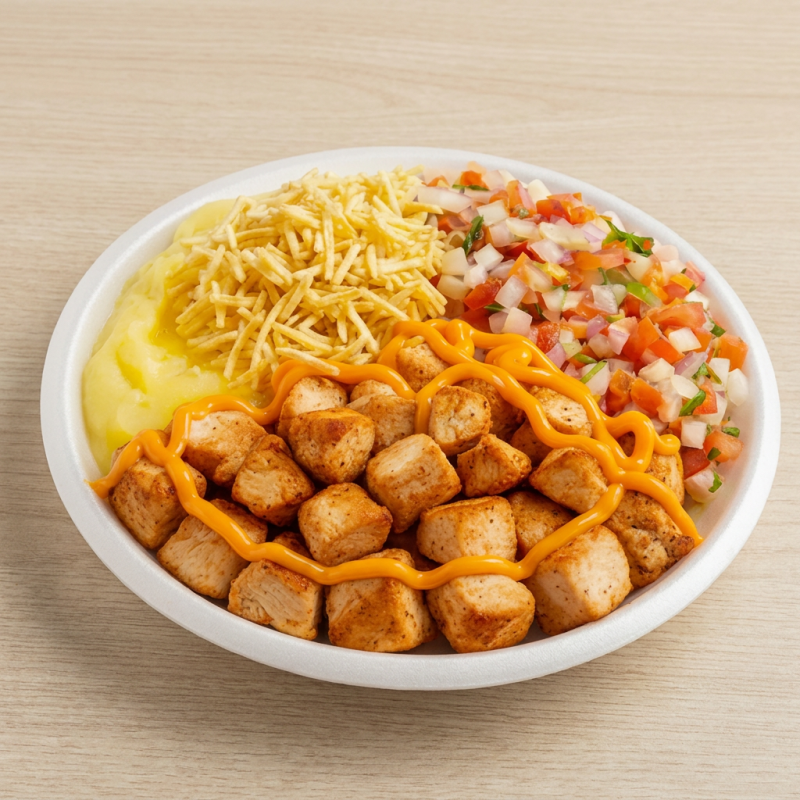 PIRÃO+ FRANGO+ VINAGRETE+ BATATA PALHA+ CHEDDAR 750g