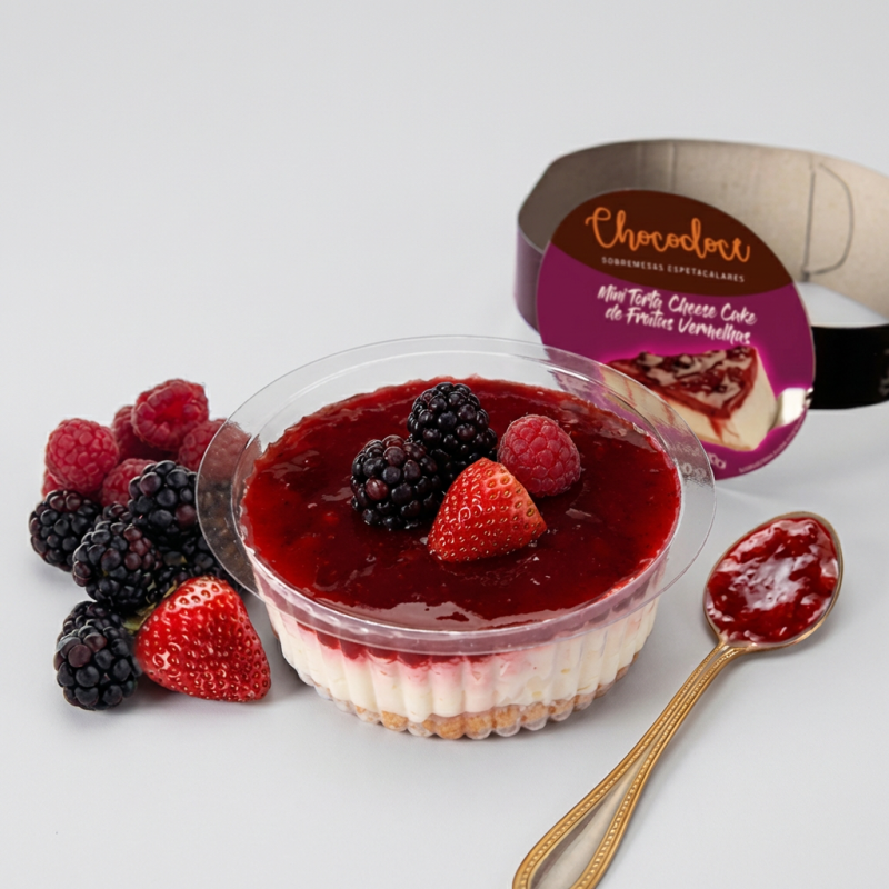 Deliciosa massa de cheese cake, creme a base de cream cheese, perfume de baunilha com calda espelhada de frutas vermelhas (amora, framboesa e morango)
