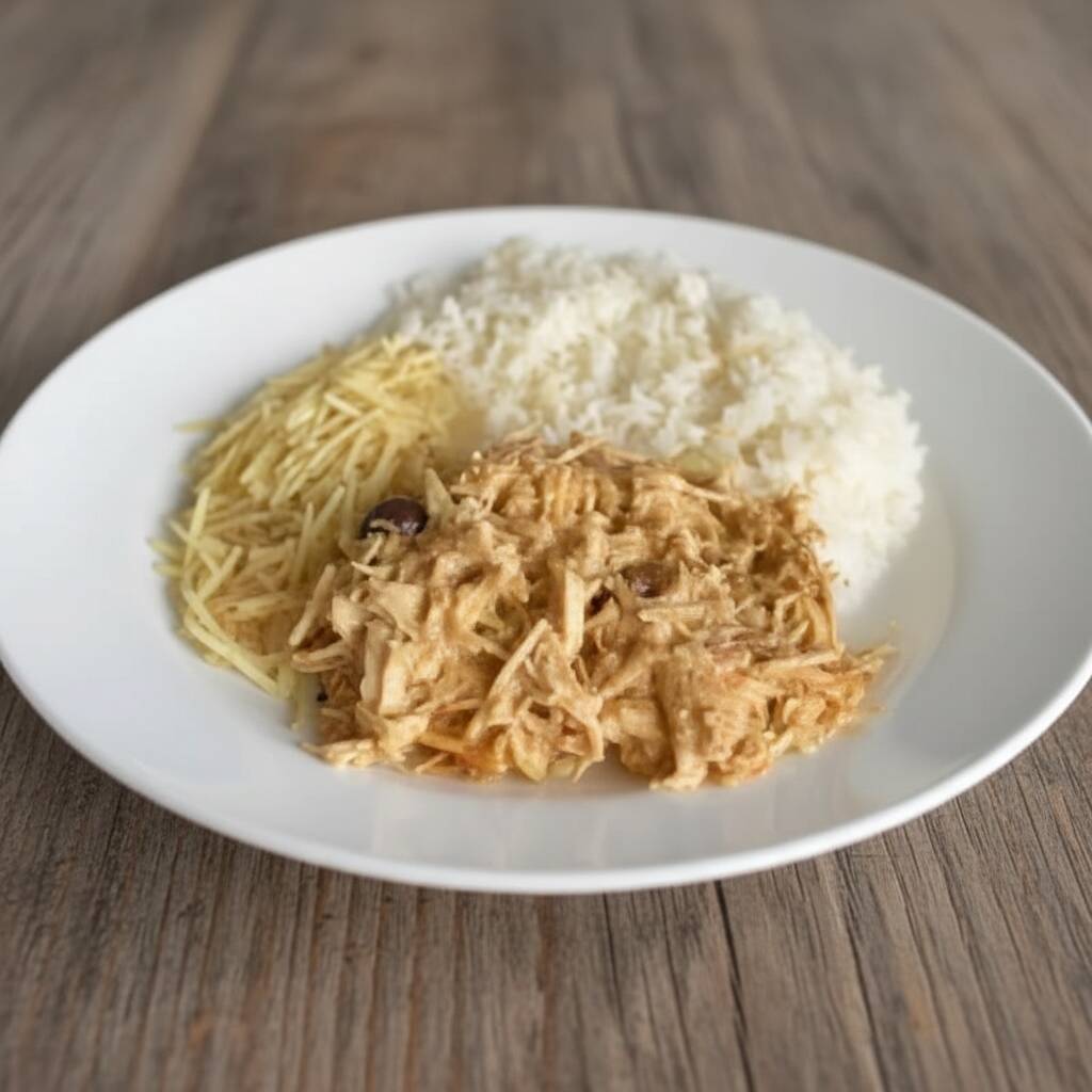 Arroz branco soltinho, Strogonoff + batata palha crocante. Crocante Uma marmita completa, sabor caseiro de verdade, feita na hora e bem servida para matar sua fome com qualidade!