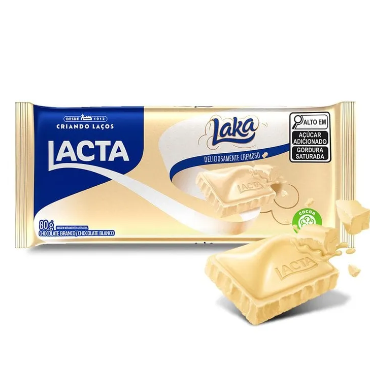 O Chocolate Branco Lacta Laka 80g é um clássico da marca Lacta, com textura cremosa e sabor suave.
