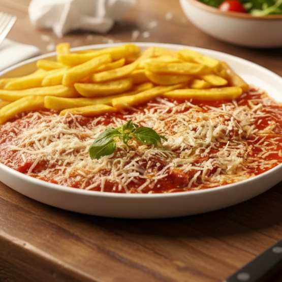 Acompanha arroz e batata frita. Frango empanado, coberto com molho de tomate feito em nossa casa e queijo musarela e parmesão. Marmita, Batata frita, Promoção, Entrega Rápida, Entrega Grátis. Parmegiana campone