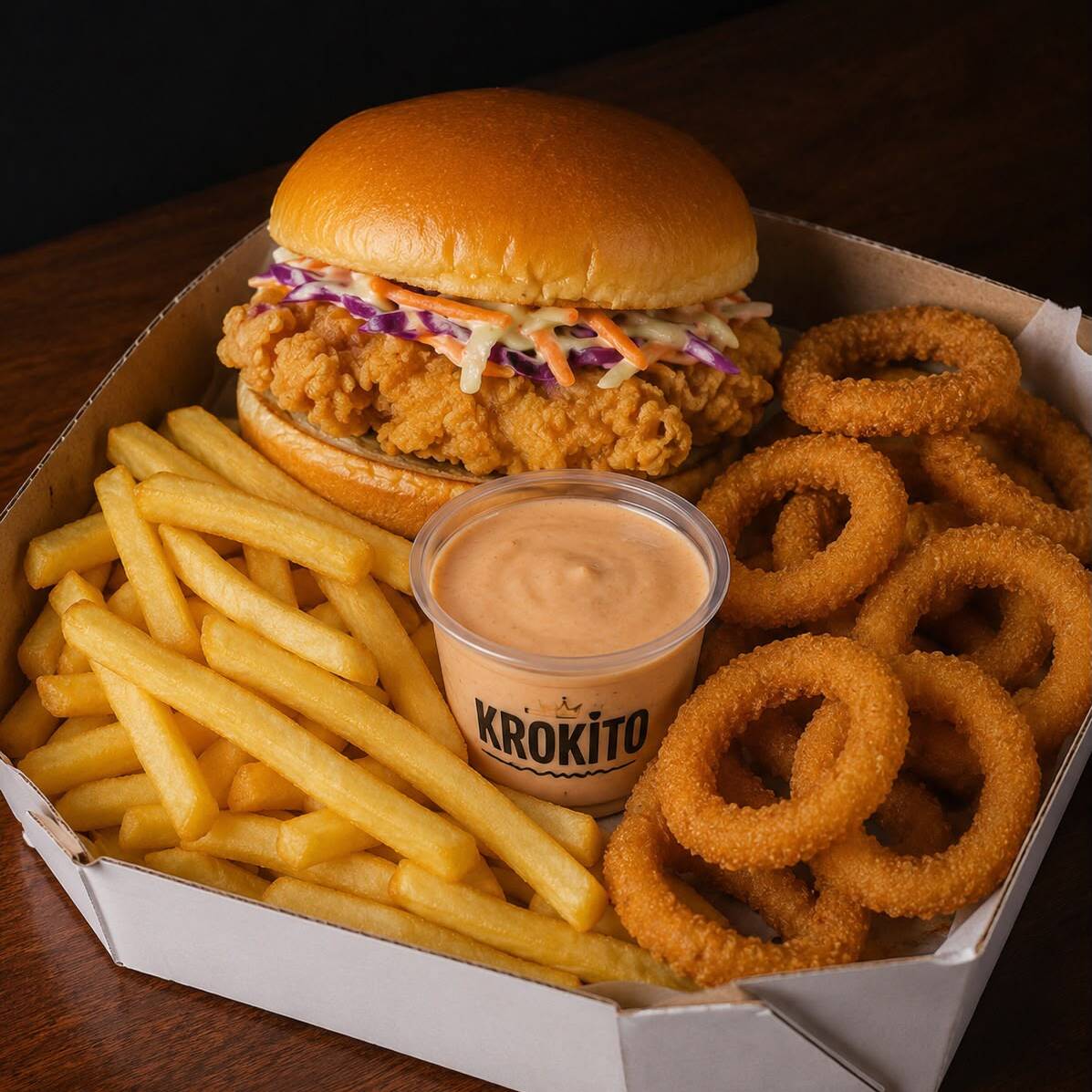Combo serve 1 a 2 pessoas
* 1 Chicken Burger a sua escolha!
* Batata frita
* Anel de Cebola
* Pote de Molho especial!