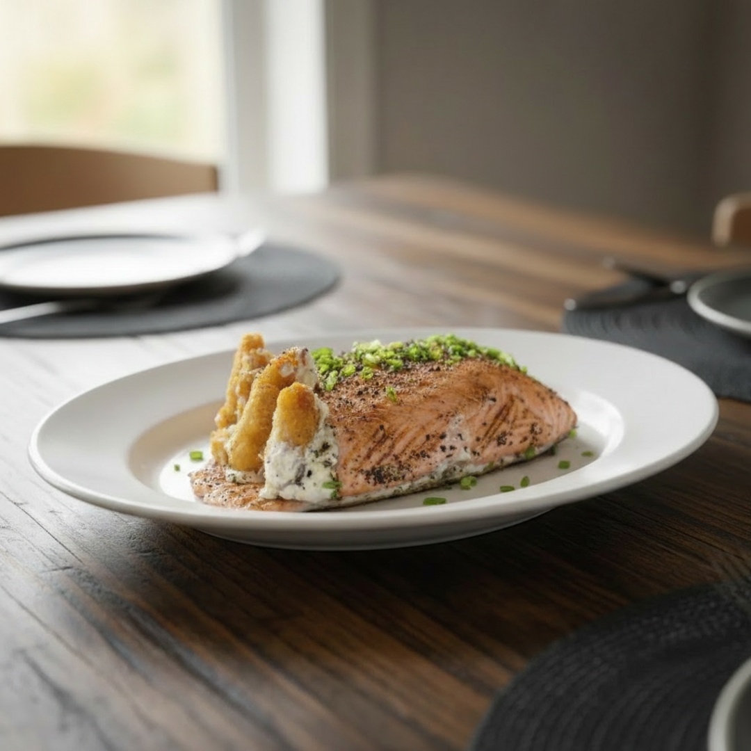 Cone de manta de salmão maçaricado, camarão crocante e cream cheese. (Serve até 2 Pessoas)