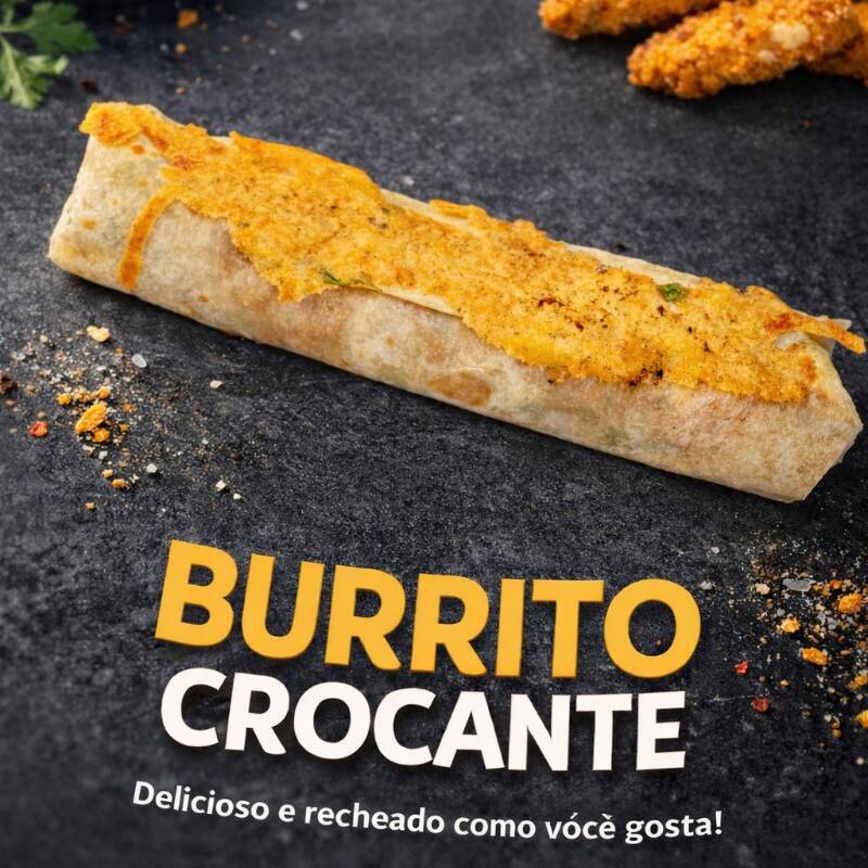 Burrito no tamanho ideal da sua fome, tortilha de 30 cm de diâmetro imensamente recheado com frango empanado , alface, pico de gallo, cream cheese, barbecue da casa e cebolinha!