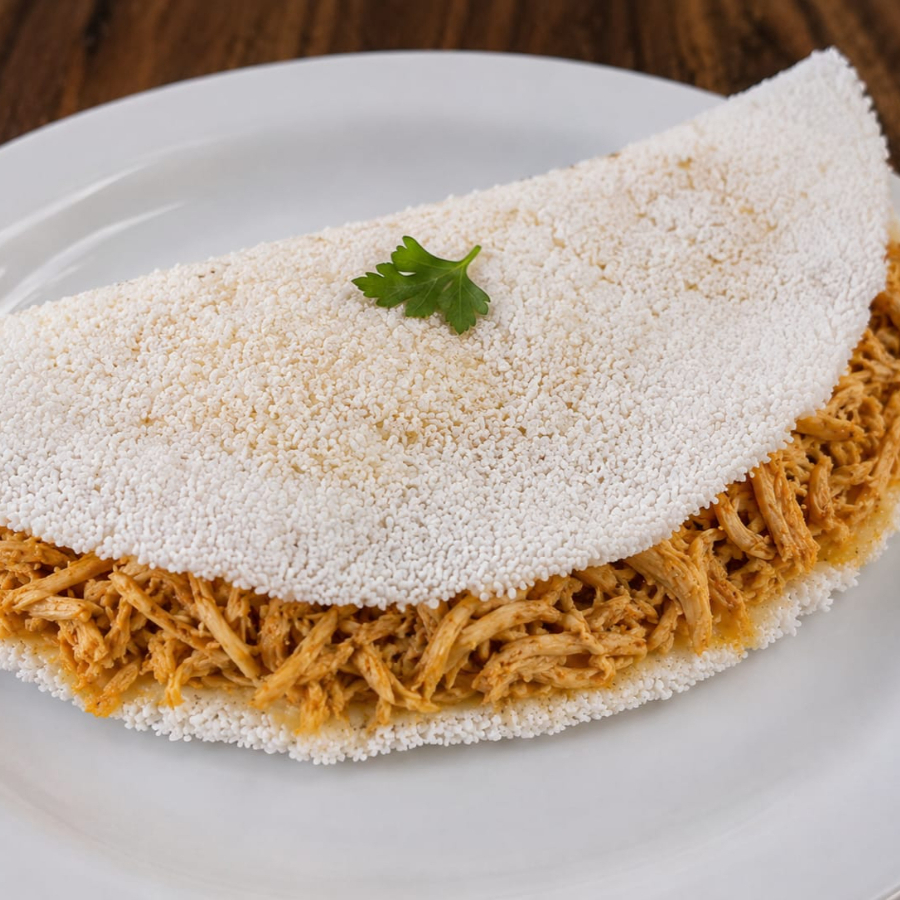 Nossa campeã de sabor! Tapioca macia e preparada na hora, recheada com frango desfiado, bem temperado e suculento, proporcionando uma experiência deliciosa em cada mordida. Uma combinação leve, saborosa e perfeita para qualquer momento do dia.