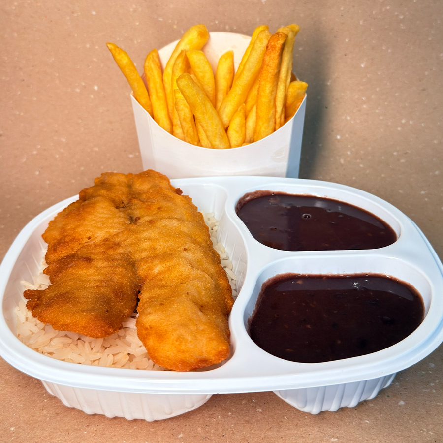 Arroz, Feijão, Batata frita e Tilapia a Milanesa
