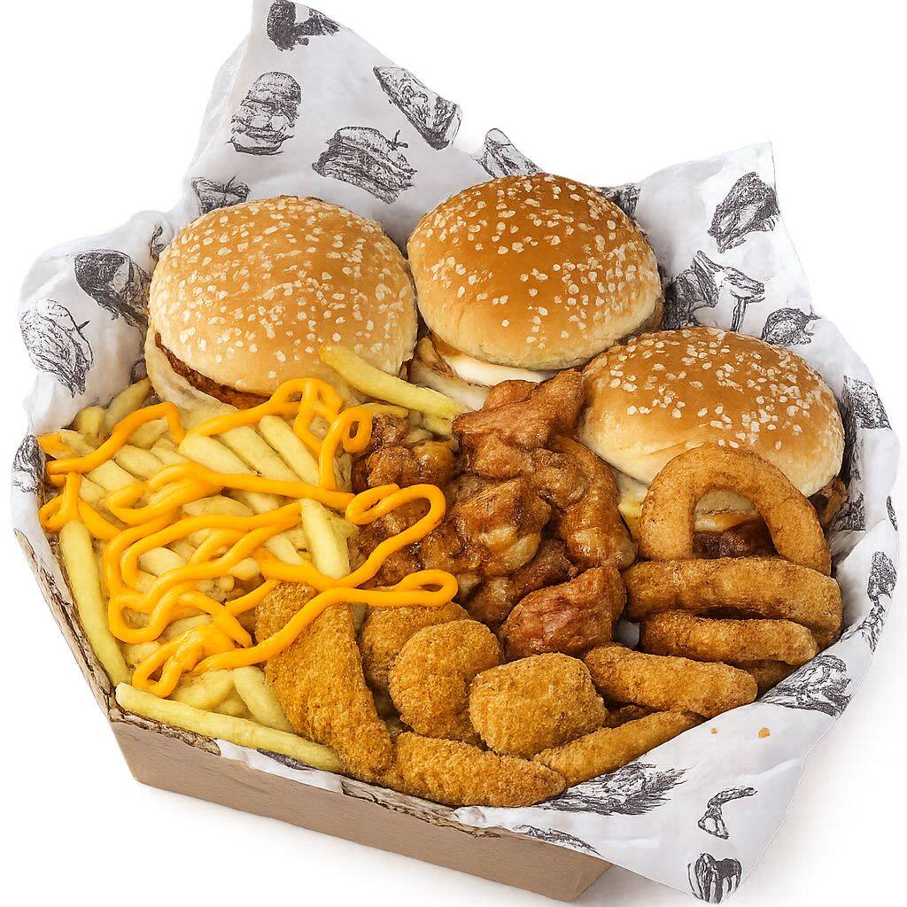 3 hambúrgueres + batata frita + frango à passarinho + anel de cebola + nuggets