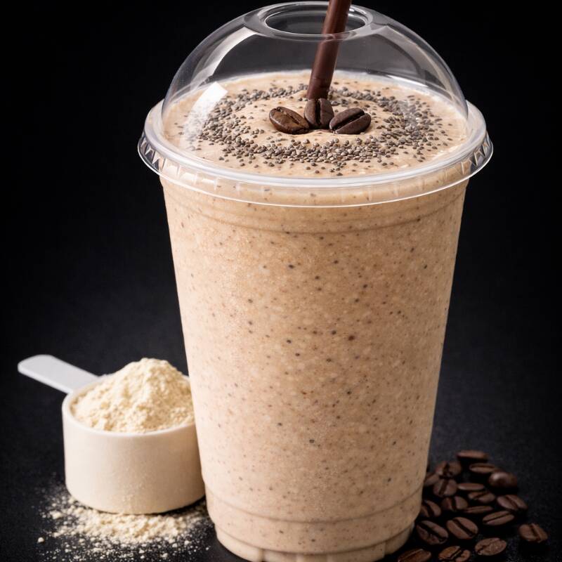 Smoothie cremoso de café gelado com whey, banana e chia. Energia e saciedade na medida certa.