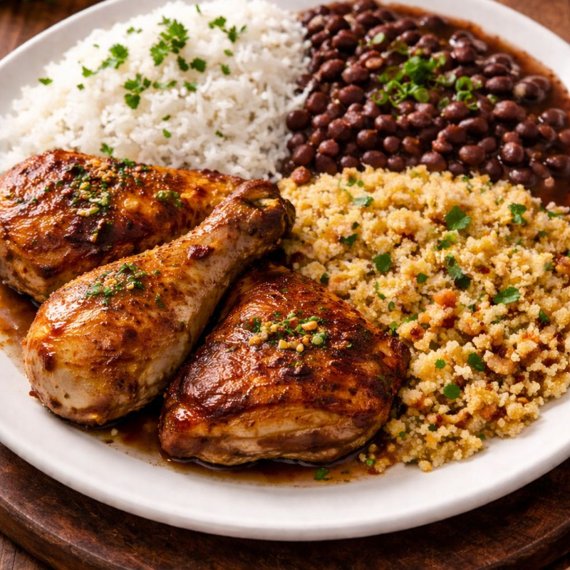frango suculento, arroz soltinho, feijão bem temperado e farofa crocante.