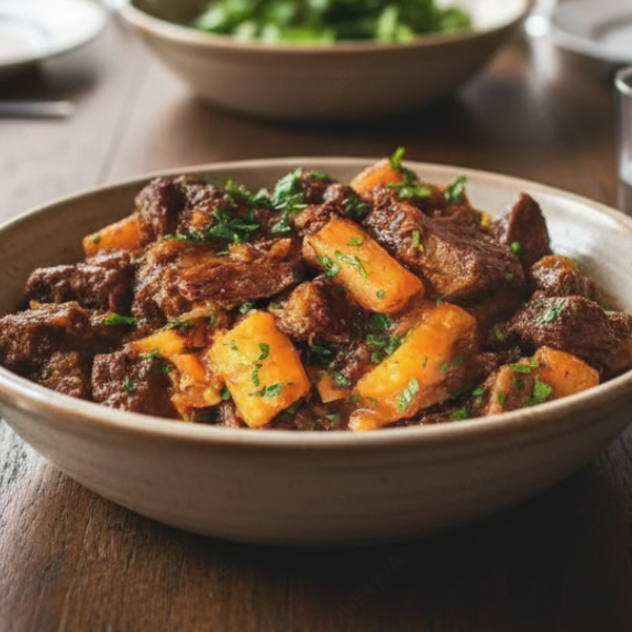 Costela cozida com mandioca, acompanha arroz branco, farofa e vinagrete.