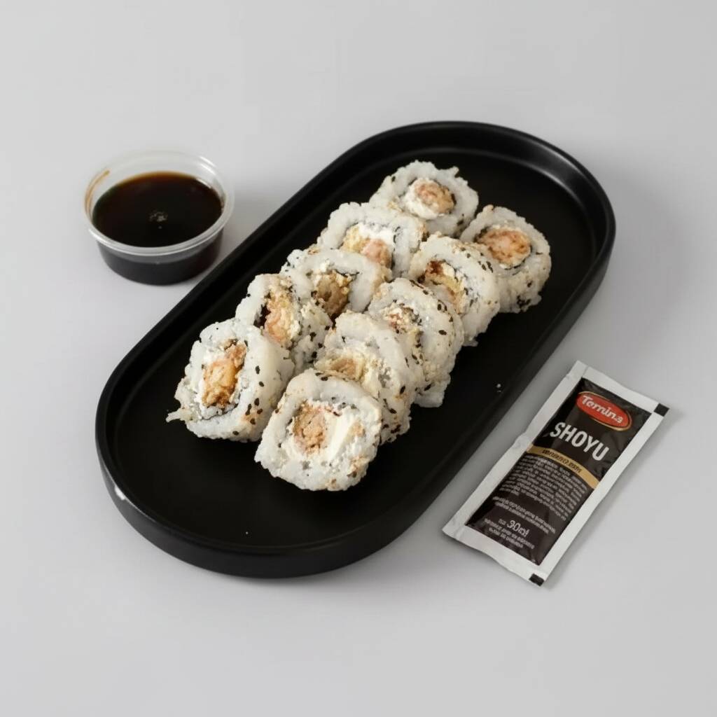 Bolinho de arroz com gergelim, recheado com nori (Folhas de algas marinhas), kani e cream cheese. (10 Peças) - Acompanha: 30ml de teriyaki e 1 sachê de shoyu