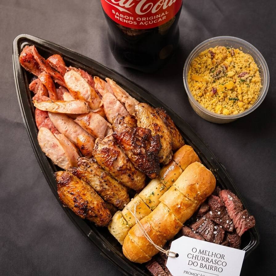 Barca Completa Premium – Serve com Muito fartura! Curta um verdadeiro banquete com cortes nobres, grelhados na brasa e acompanhamentos artesanais. Ideal para dividir, perfeita para impressionar. Inclui: •300g Fraldinha suculenta •300g Frango bem temperado •300g Linguiça