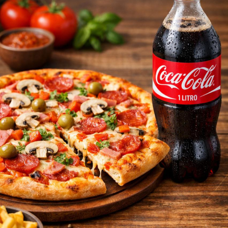 Desfrute de uma saborosa pizza grande, meticulosamente preparada e dividida em 8 generosos pedaços. Cada fatia é uma viagem de sabores, preparada com ingredientes frescos e selecionados. Para completar essa experiência gastronômica, incluímos uma refrescante Coca Cola de 1 litro grátis. Este é o nosso combo exclusivo 'Coca da Casa', criado pensando no seu prazer e satisfação. Aproveite!