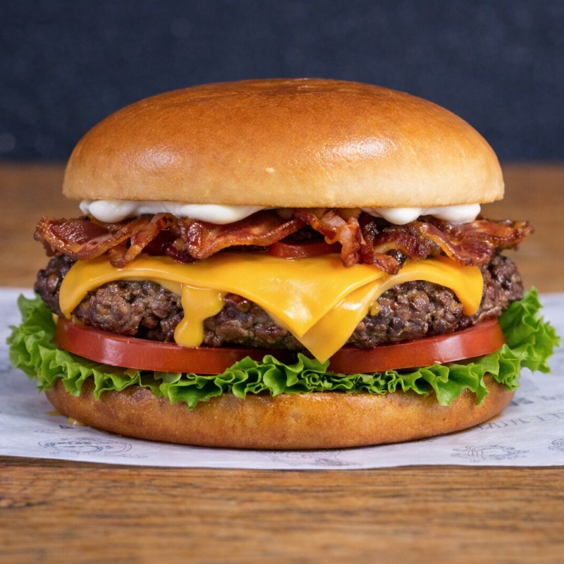 Hambúrguer artesanal, queijo cheddar, bacon crocante, alface, tomate e maionese especial da casa. Um burger completo, suculento e cheio de sabor.