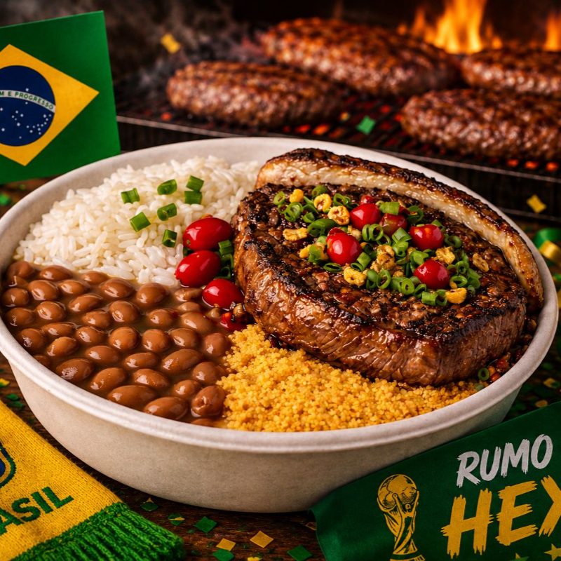 Suculenta fatia de picanha grelhada no ponto certo, acompanhadas de arroz soltinho, feijão caseiro, farofa crocante. Finalizada com cebolinha e um toque de pimenta biquinho. Uma explosão de sabor!