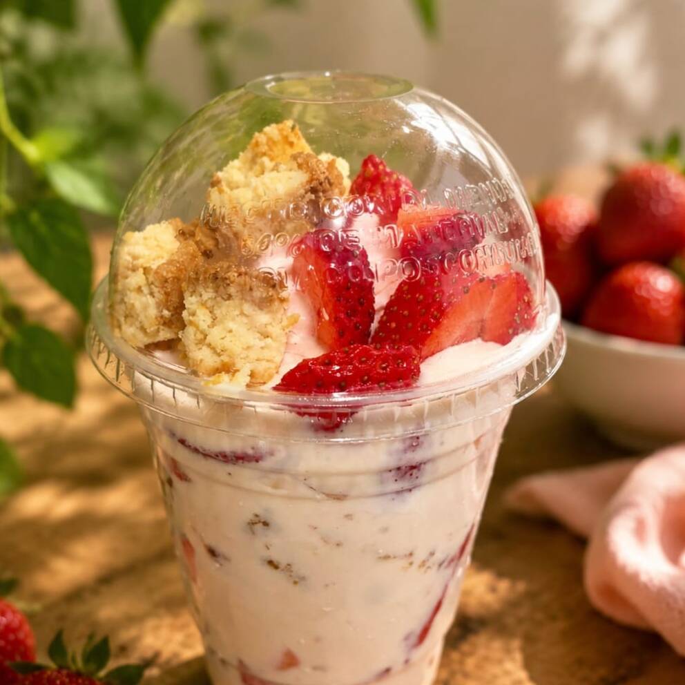 Fresas con crema y pay de queso 16 OZ.