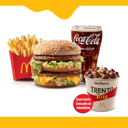 Nesta composição você leva uma McOferta Média Clássica, entre as opções: Big Mac, Cheddar McMelt, Quarterão com Queijo ou McChicken + 1 McFlurry Trento Bites com farofa crocante de amendoim.