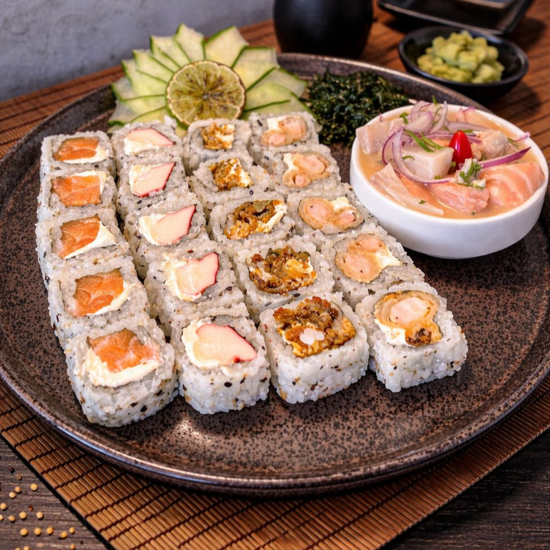 21 Peças : 01 ceviche, 05 uramaki filadelfia , 05 uramaki skin, 05 uramaki kani, 05 uramaki tempurá holl