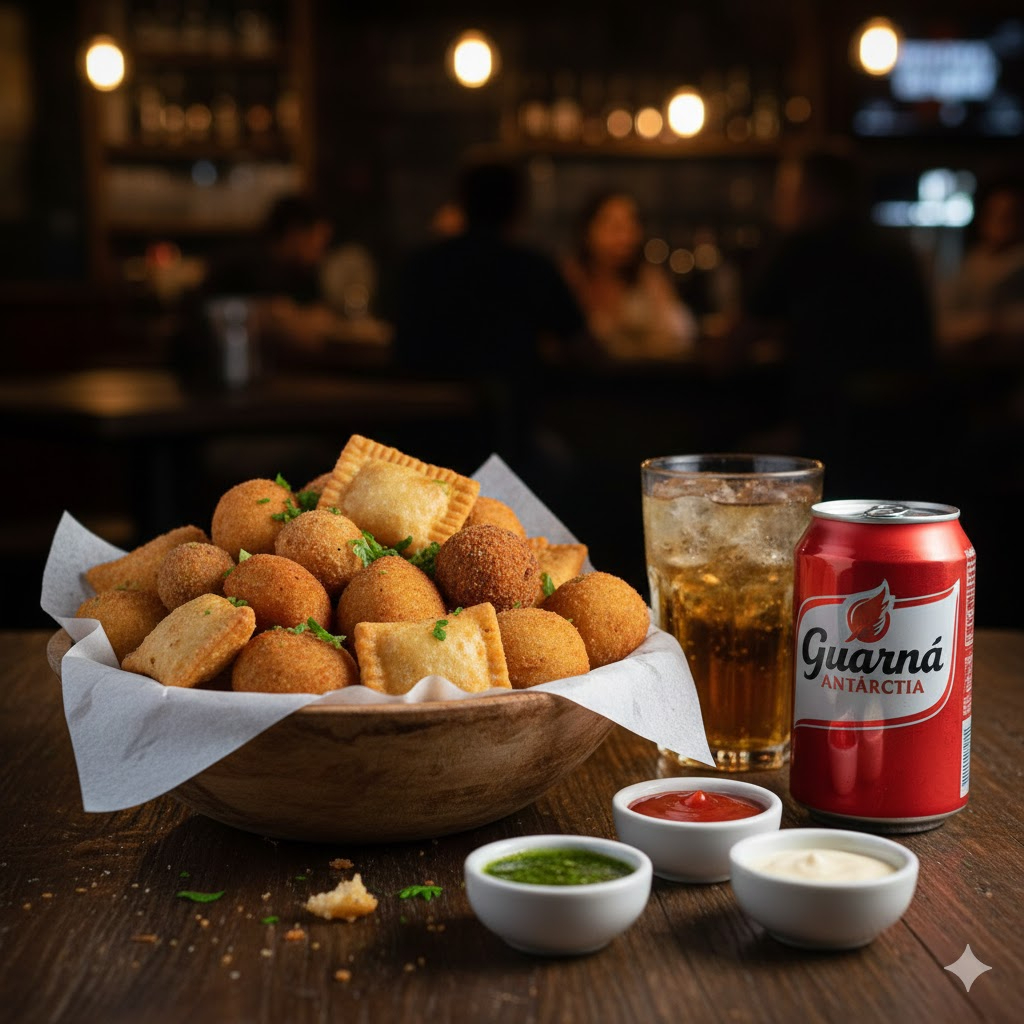 Delicie-se com nosso 'Combo Família' composto por 50 salgadinhos requintados, produzidos internamente e fritos na hora, garantindo o sabor e textura irresistível. Chegam à sua casa quentinhos, prontos para serem degustados. Para acompanhar, temos o inconfundível Guaraná Antartica, servido bem gelado para refrescar. É a combinação perfeita para um momento prazeroso em família ou entre amigos! Aproveite!