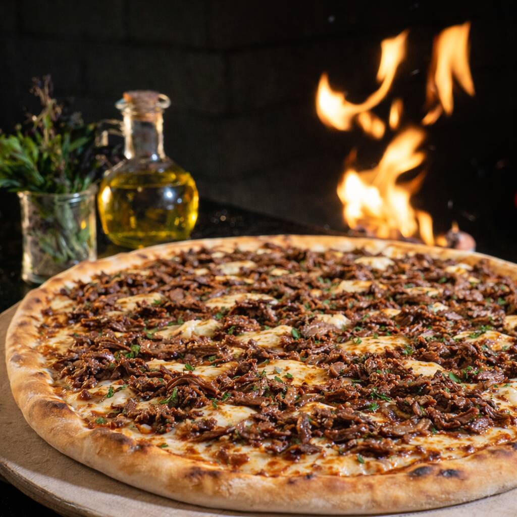 Massa fina crocante de longa fermentação, mozzarella, costela desfiada, molho da casa e orégano. + Massa fina crocante de longa fermentação, mozzarella, pernil desfiado, molho da casa e orégano.