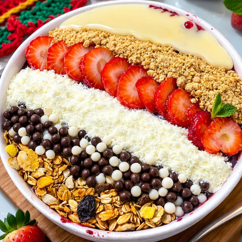 Uma explosão de sabor em cada colher! Nosso açaí vem bem servido e caprichado. Turbine seu açaí como desejar