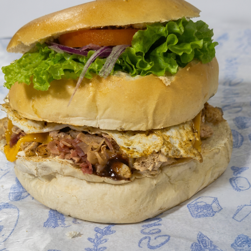 Pão, filé de frango, ovo,bacon, queijo, molho especial