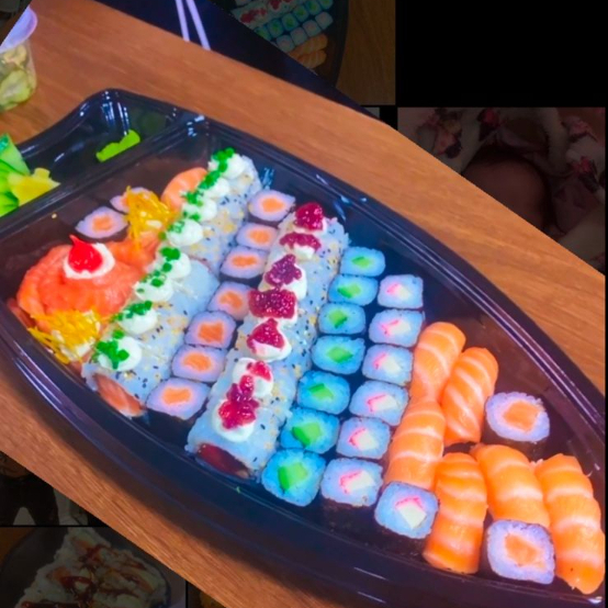 8 Uramaki com cream cheese, 8 romeu e julieta com geleia e cream chease, 1 rosa com 5 sashimis e pimenta biquinho, 2 joe de goiabada com batata chips, 11 hossomakis de salmão, 8 hossomaki de pepino, 8 hossomaki de kani, 7 niguiri