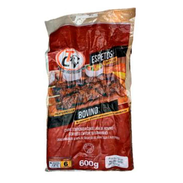 Contém 6 espetos de carne bovina temperada e congelada sem osso em espeto.