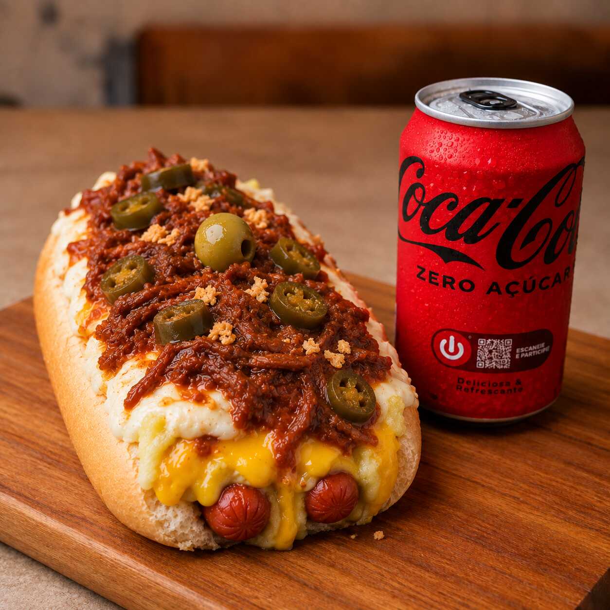 Pão 70 gramas, 1 salsicha, ketchup e mostarda, vinagrete sem cebolas, milho, batata palha, purê de batatas maravilhoso, Maionese hellmans temperada com pate de azeitonas pretas, Chillis (carne de panela com molho de tomates e pimenta Jalapeno), alho frito e uma azeitona.