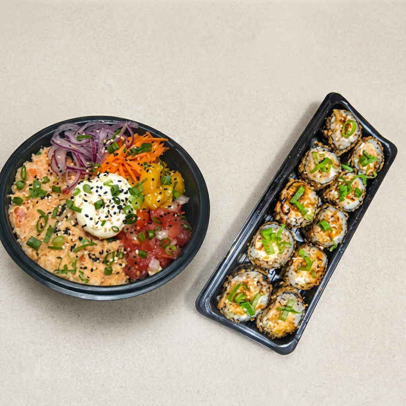 Um delicioso Poke a Sua escolha + 10 peças de hot rolls para completar a sua refeição! Aproveite! Peça O Seu!