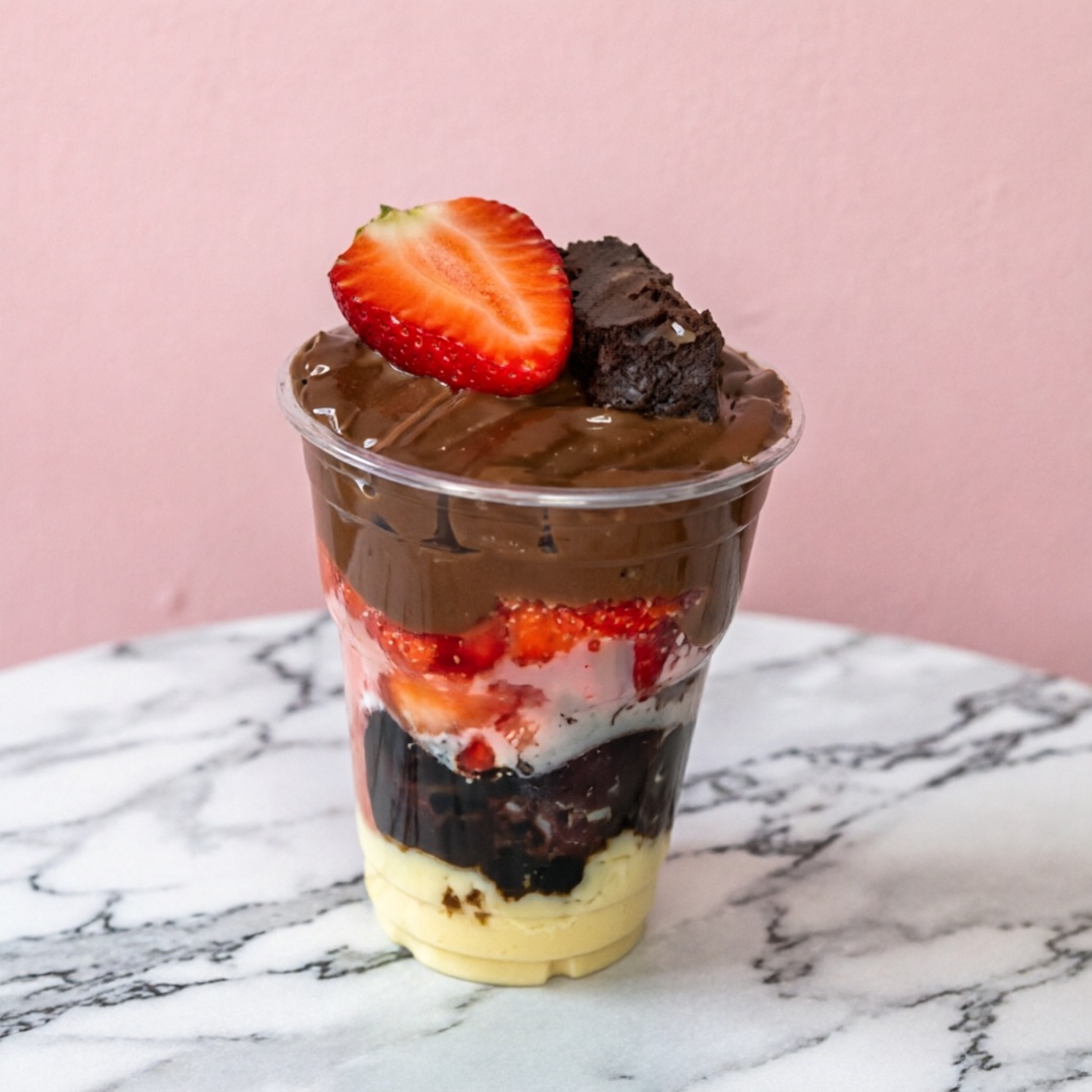 Creme de ninho, brownie, morangos brigadeiro 50% finalizado com chantilly.