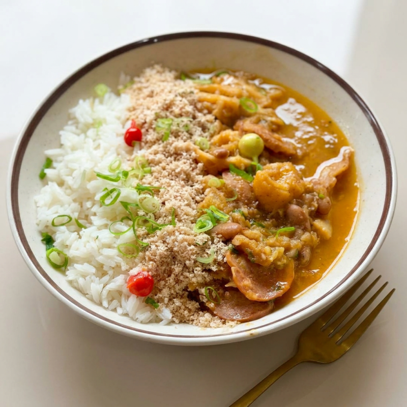 Bucho cozido com feijão branco, calabresa e bacon. Acompanha arroz branco e farofa.