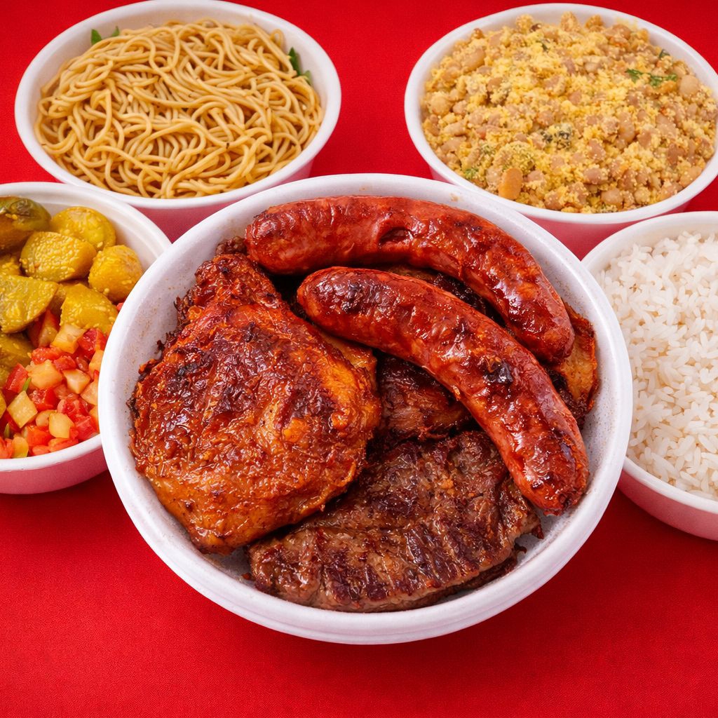 02 alcatra, 02 toscanas e 02 frangos Arroz, macarrão, tropeiro e vinagrete