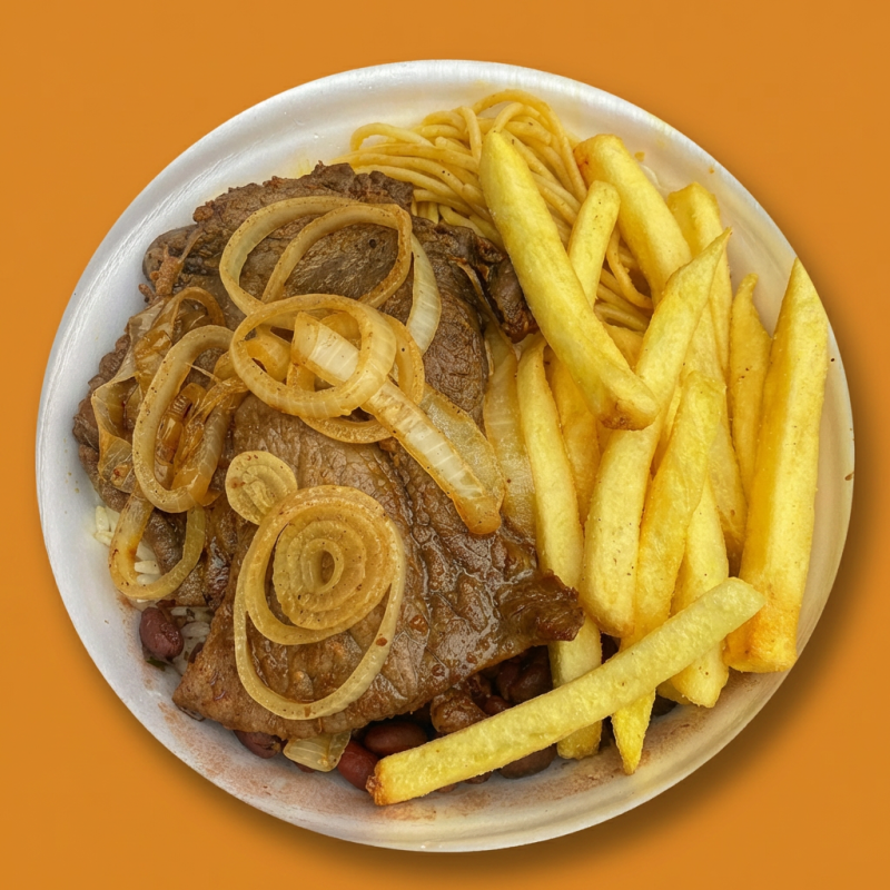 Contra filé suculento, bem temperado e grelhado no ponto certo, garantindo sabor e maciez. Acompanha guarnição à sua escolha, ideal para uma refeição completa no almoço ou jantar.