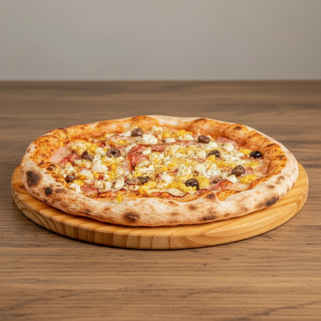 Saboreie nossa autêntica 'Pizza de Bacon com Ovos', uma das estrelas da nossa categoria de 'Novas Pizzas Salgadas'. Esta pizza combina a delícia de uma massa artesanal, cuidadosamente preparada, com um molho encorpado e rico em sabor. É generosamente coberta com bacon crocante e ovos perfeitamente cozidos. Para finalizar, temos um toque de orégano fresco e azeitonas suculentas, regados com o melho