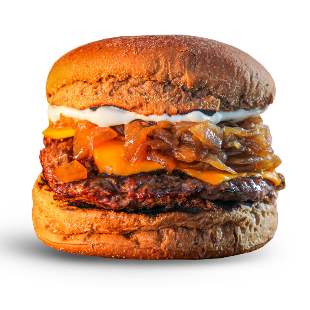 Pão Australiano, Hambúrguer artesanal 170g, Fatias de cheddar, Cebola Caramelizada e Maionese especial