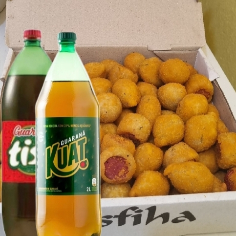 50 Mini salgadinhos sortidos crocante e quentinho sabores, coxinha,enroladinho de salsicha e risoles calabreza, presunto e queijo,bolinho de carne, bolinha de queijo, kibe e croquete e + 1 bebida aleatória Kuat Guaraná 2L, Tiss Guaraná2L, Tiss Tubaina 2L.
