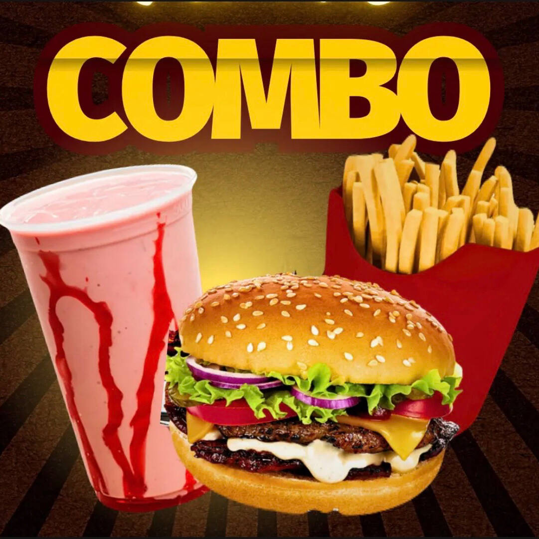 1 X Tudo (pão, carne, queijo, bacon, calabresa, ovo, salada e molhos) 1 batinha e um refrescante morango ao leite de 500ml