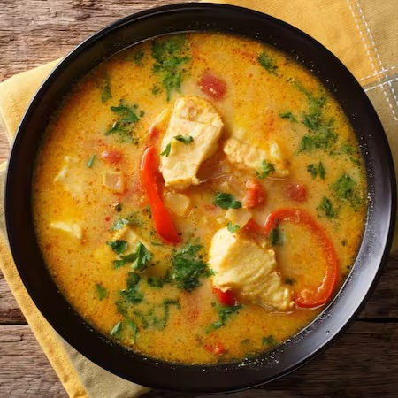 Cação ao molho tradicional de moqueca. Serve bem 1 pessoa. Escolha 2 acompanhamentos + refrigerante 220ml + sobremesa.