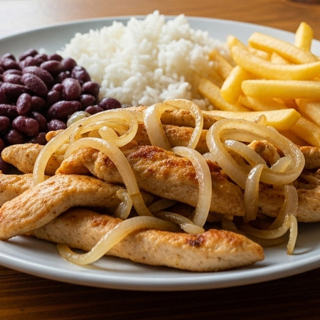 Saborosas iscas de frango salteadas na chapa com cebola, servidas com batatas fritas crocantes, arroz branco soltinho e o nosso feijão com tempero de casa.