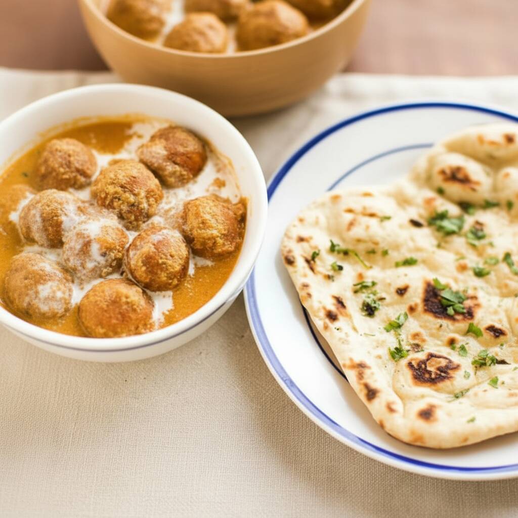 Bolinha de legumes cozidas a base do curry de tomate, cebola e alho.(250ml) Naan (2unidades)