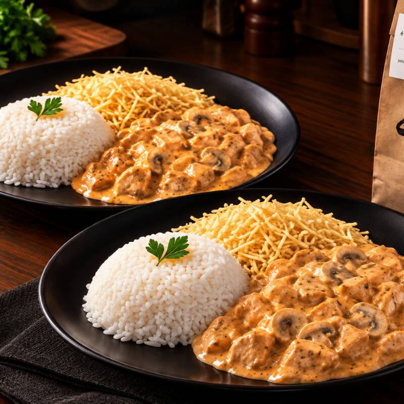 Combo 2x Strogonoff de Frango + Batata Palha & Arroz. Para matar a fome em boa companhia! Duas porções fartas do nosso clássico strogonoff de frango: Cubos de frango selecionada ao molho cremoso e aveludado, feito no ponto certo. O combo inclui para cada prato: Arroz branco soltinho e quentinho + Batata palha super crocante.