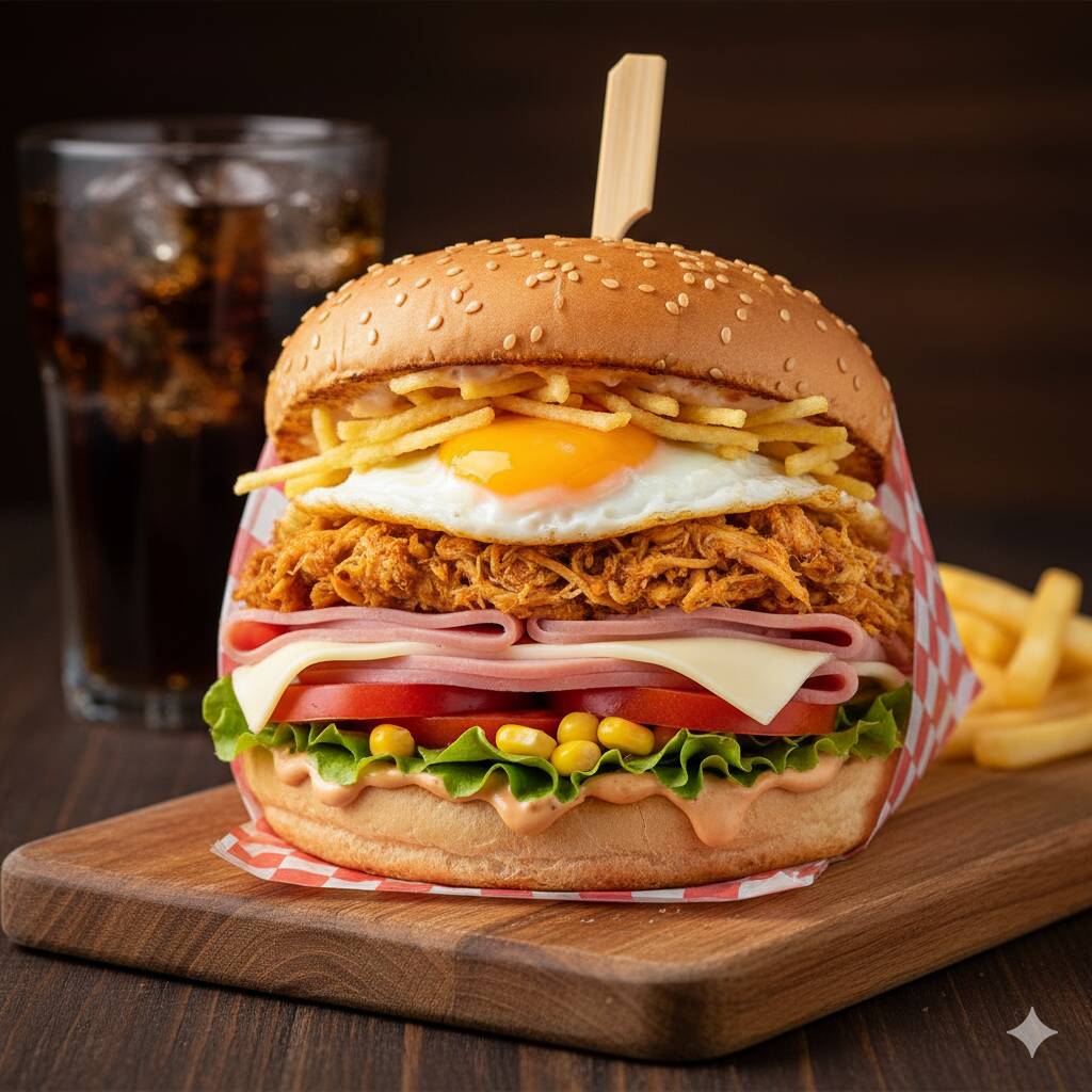 Pão, Frango, Ovo, Presunto, Mussarela, Milho, Tomate, Alface, Batata Palha