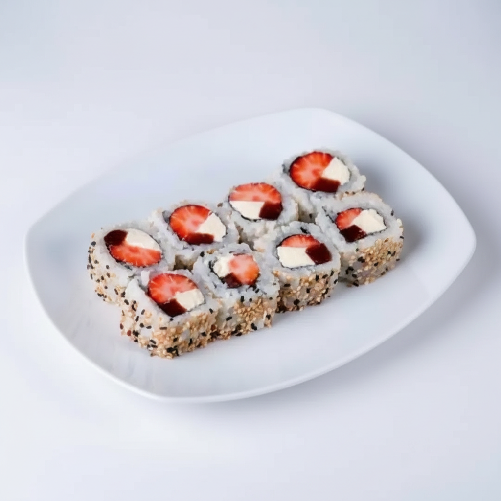 Arroz, cream cheese, goiabada e morango.