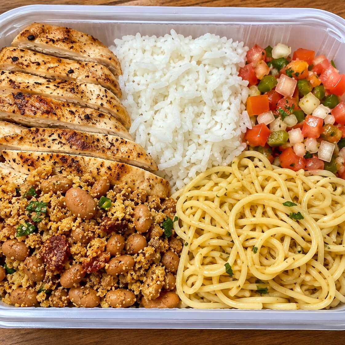 Uma refeição completa e cheia de sabor! Nossa marmita acompanha filé de peito de frango arroz soltinho, feijão tropeiro bem temperado, macarrão saboroso e vinagrete fresco preparado diariamente.